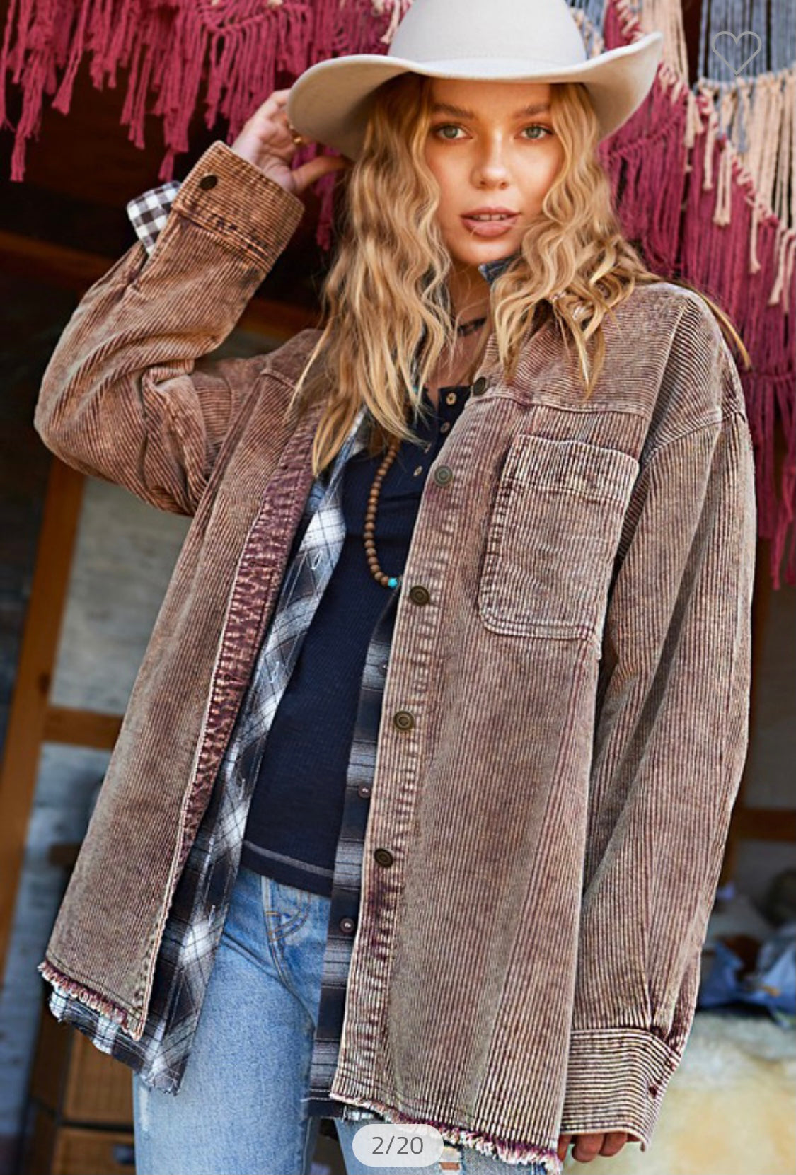 Mineral Wash Oversized Corded Shacket - COFFEE