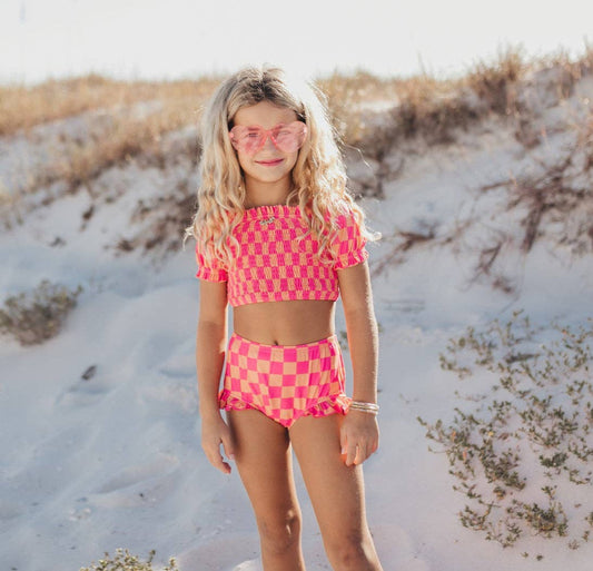Kids Hot Pink & Tangerine Check Ruched 2 Piece Swimsuit: 10
