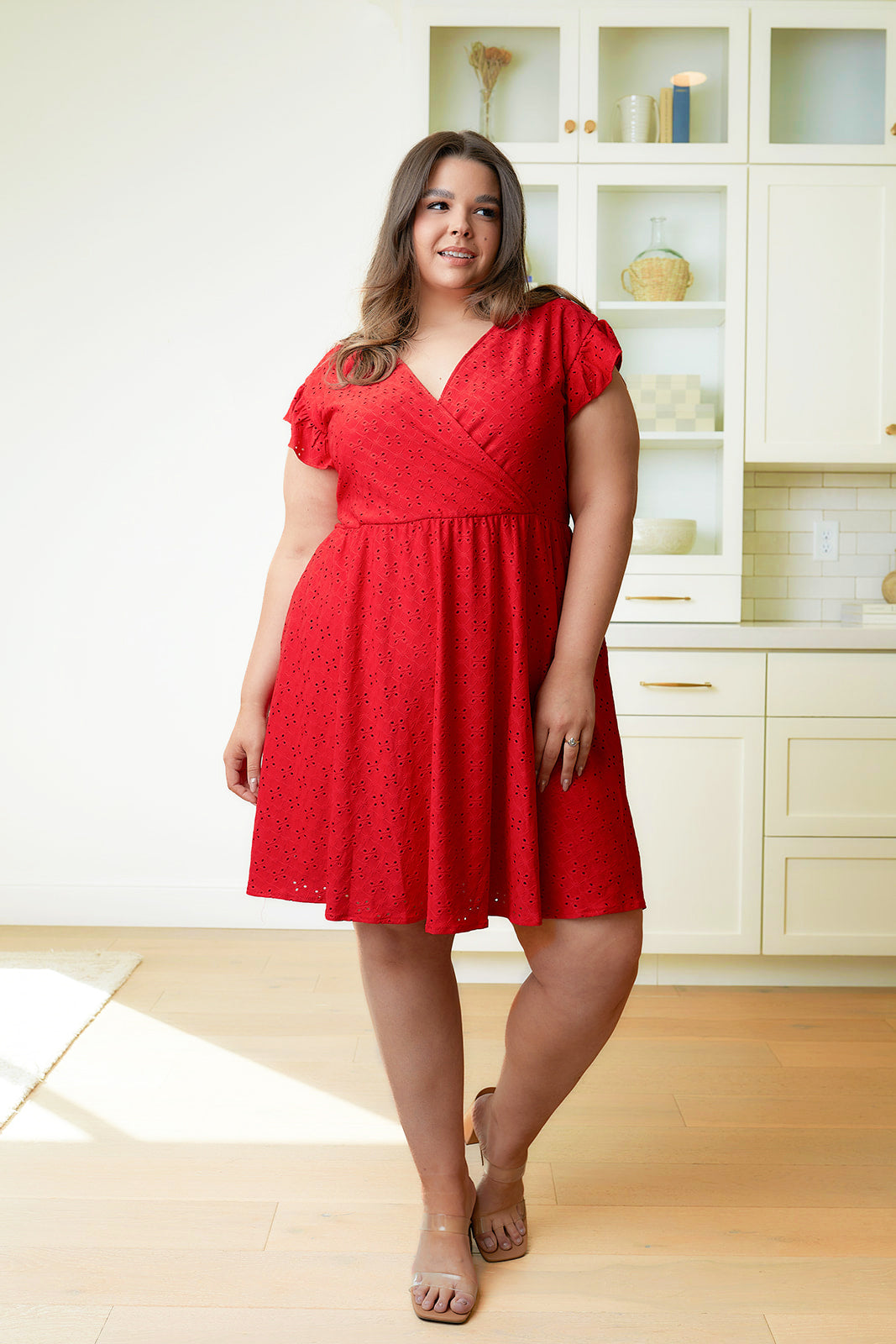 Preorder:Rebecca Ruffle Sleeve Eyelet Dress-#7-Red(Close5.10)