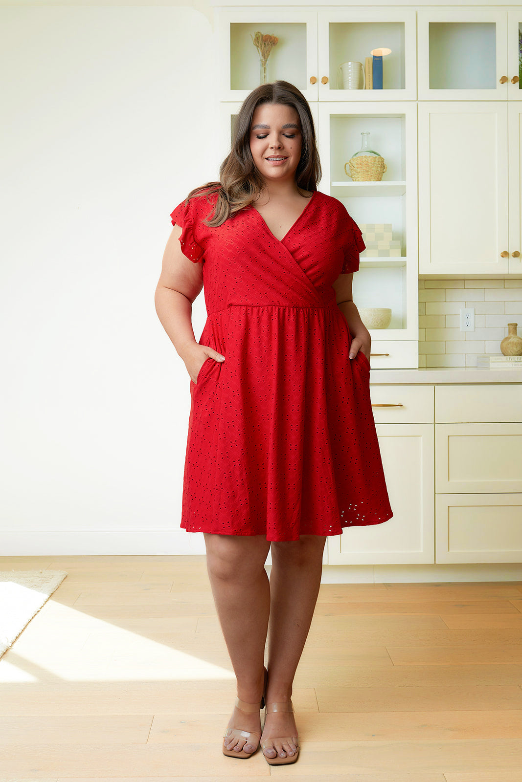 Preorder:Rebecca Ruffle Sleeve Eyelet Dress-#7-Red(Close5.10)