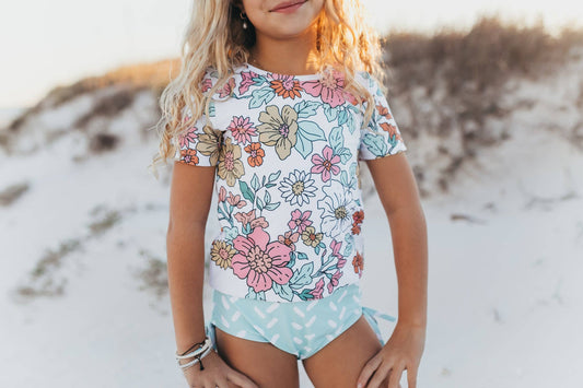 Kids Pale Pink Floral & Mint Sea Rash Guard Swimsuit: 8