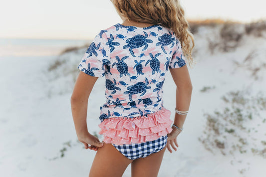 Kids Navy & Pink Sea Turtle Rash Guard Ruffle Swimsuit: 8