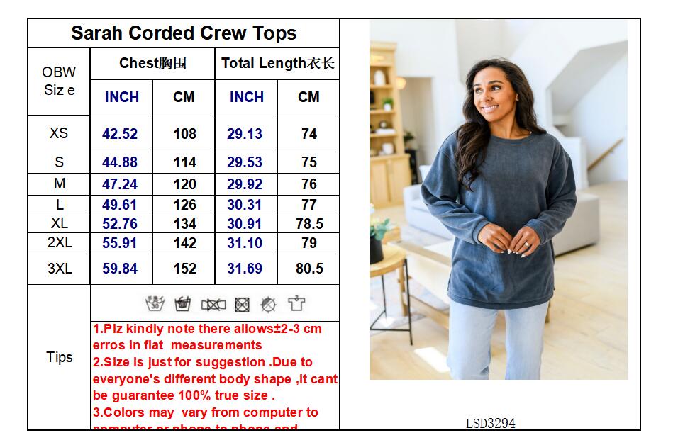 In Production :New Sarah Corded Crew-#7-Purple(Ship 11.23.2023)