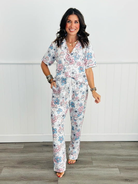 Button Down Pant PJ Set-#1-Snowman Flora