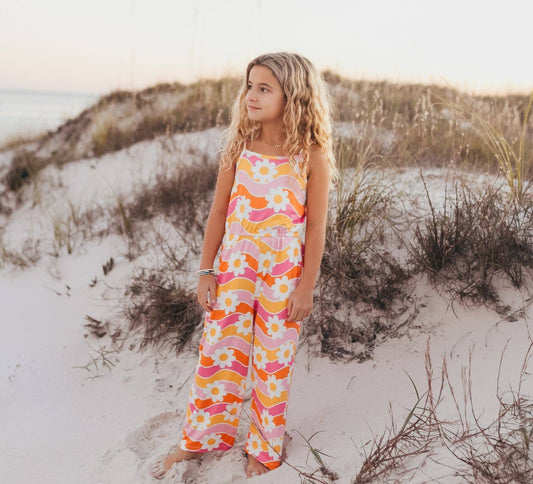 Kids Tangerine & Pink Retro Floral Jumpsuit With Pockets: 10/12