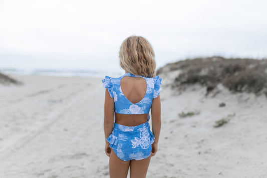 Kids Blue Floral Open Back One Piece Ruffle Swimsuit: 8