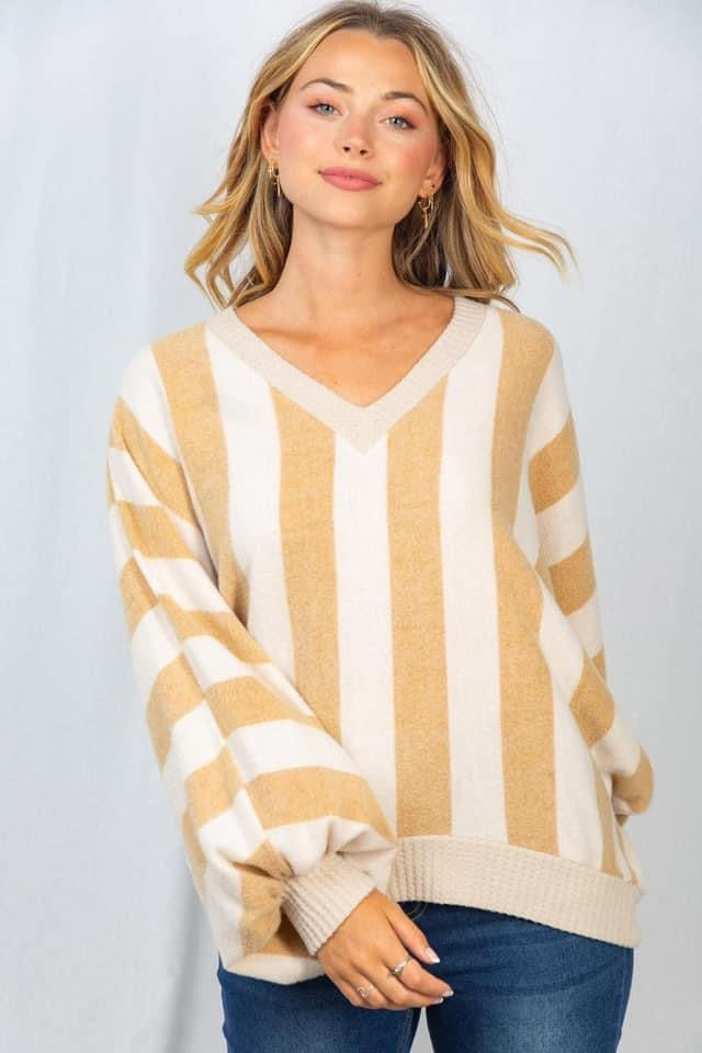 Ultra Soft Caramel Stripe V-Neck Pullover