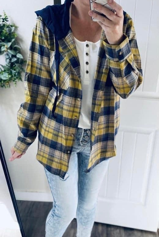 Hooded Flannel Top - Mustard and Navy