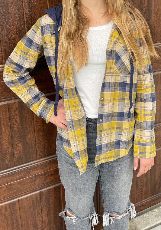 Hooded Flannel Top - Mustard and Navy