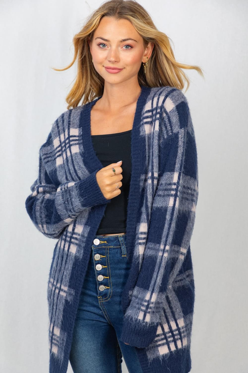 Soft and Fuzzy Oversized Plaid Cardigan With Pockets